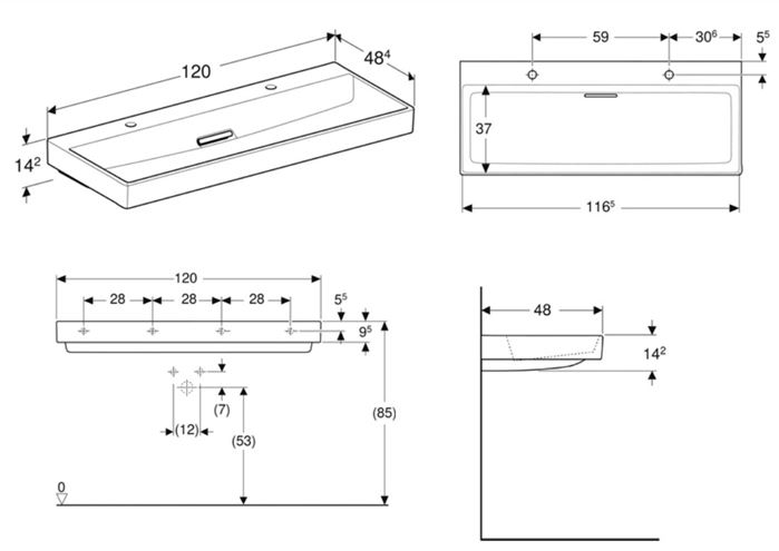 GEBERIT ONE umývadlo 120 cm, s 2 otvormi pre batérie, skrytý prepad, KeraTect 505.049.00.1 Technický nákres