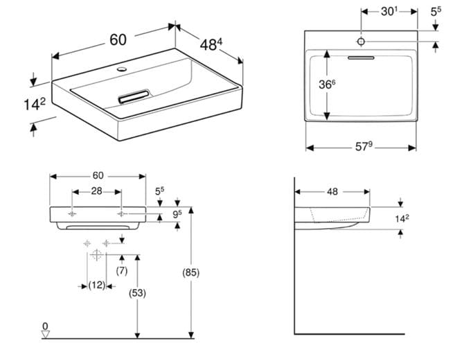 GEBERIT ONE umývadlo 60 cm, s otvorom pre batériu, skrytý prepad, KeraTect 505.034.00.1 Technický nákres