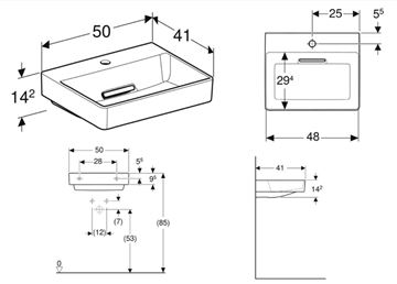 GEBERIT ONE umývadlo 50 cm, s otvorom pre batériu, skrytý prepad, KeraTect 505.024.00.1 Technický nákres