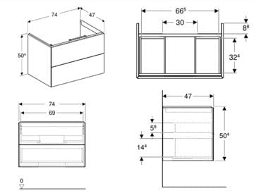 GEBERIT ONE skrinka pod umývadlo 74x47x50, cm, 2 zásuvky, Push-open, orech hickory 505.262.00.6 Technický nákres
