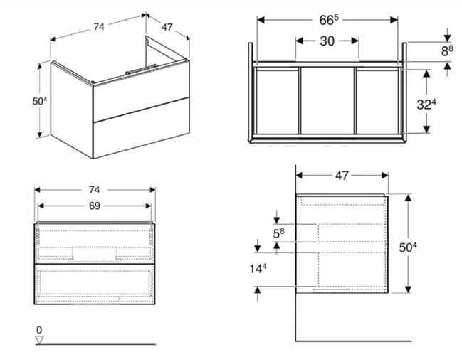 GEBERIT ONE skrinka pod umývadlo 74x47x50, cm, 2 zásuvky, Push-open, orech hickory 505.262.00.6 Technický nákres
