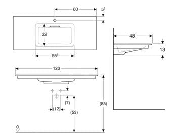 GEBERIT ONE umývadlo 120 cm, s otvorom pre batériu a skrytým prepadom, KeraTect 505.017.00.1 Technický nákres