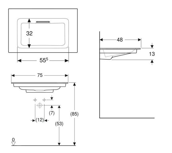 GEBERIT ONE umývadlo 75 cm, s otvorom pre batériu a skrytým prepadom, KeraTect 505.004.00.1 Technický nákres