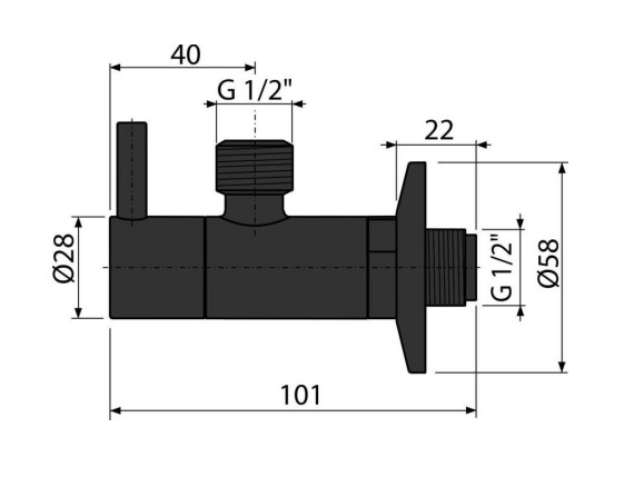 ALCA rohový ventil 1/2"x1/2", s filtrom, matná čierna ARV003-BLACK Technický nákres