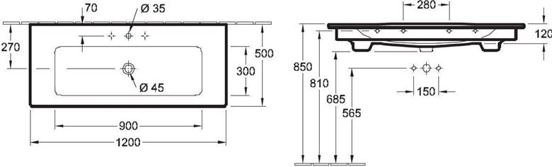 VILLEROY & BOCH VERITY LINE umývadlo 120 cm, s 2 otvormi pre batérie a prepadom 4A12CK01 Technický nákres