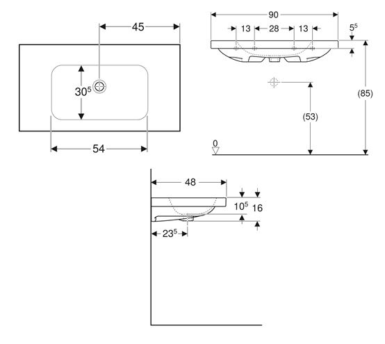 GEBERIT ICON LIGHT umývadlo 90 cm, bez prepadu, KeraTect 501.840.00.8 Technický nákres
