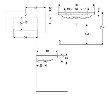 GEBERIT ICON LIGHT umývadlo 90 cm, s prepadom, KeraTect 501.840.00.4 Technický nákres