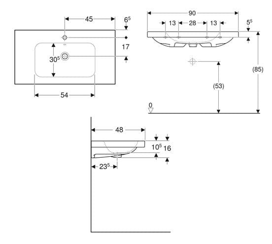 GEBERIT ICON LIGHT umývadlo 90 cm, s prepadom, KeraTect 501.840.00.4 Technický nákres