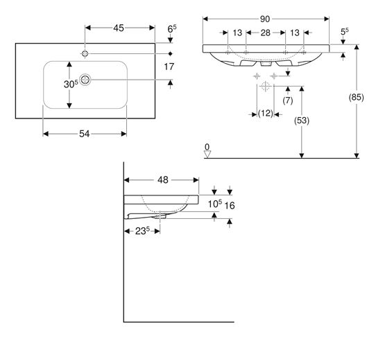 GEBERIT ICON LIGHT umývadlo 90 cm, s otvorom pre batériu, bez prepadu, KeraTect 501.840.00.6 Technický nákres