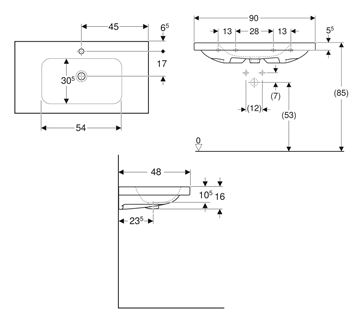 GEBERIT ICON LIGHT umývadlo 90 cm, s otvorom pre batériu, bez prepadu, KeraTect 501.840.00.6 Technický nákres