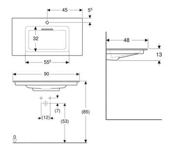 GEBERIT ONE umývadlo 90 cm, s otvorom pre batériu a skrytým prepadom, KeraTect 505.006.00.1 Technický nákres