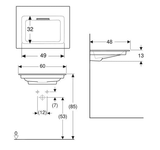 GEBERIT ONE umývadlo 60 cm, skrytý prepad, KeraTect 505.001.00.1 Technický nákres