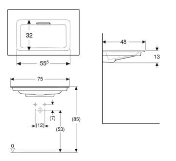 GEBERIT ONE umývadlo 75 cm, skrytý prepad, KeraTect 505.003.00.1 Technický nákres