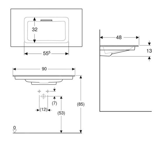 GEBERIT ONE umývadlo 90 cm, skrytý prepad, KeraTect 505.005.00.1 Technický nákres
