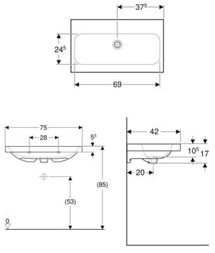GEBERIT ICON LIGHT umývadlo 75 cm, bez prepadu, KeraTect 501.842.00.8 Technický nákres