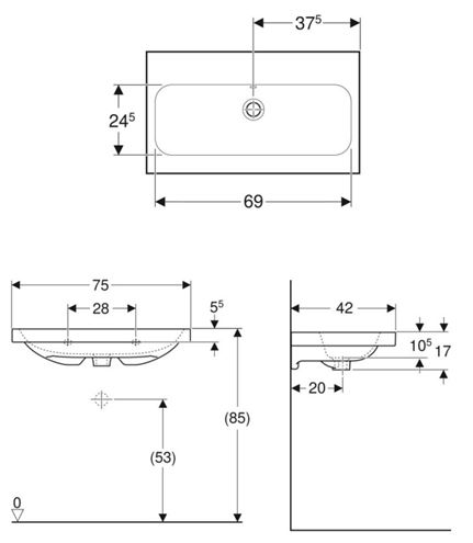 GEBERIT ICON LIGHT umývadlo 75 cm, s prepadom 501.842.00.3 Technický nákres