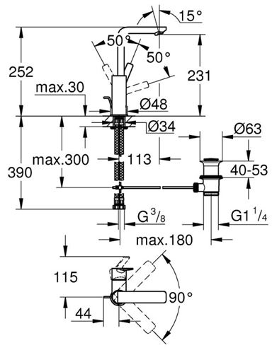 GROHE LINEARE umývadlová stojanková batéria, s odtokouvou súpravou, chróm 23296001 Technický nákres