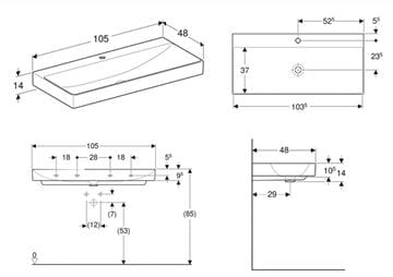 GEBERIT ONE umývadlo 105 cm, s otvorom pre batériu, bez prepadu, KeraTect 505.020.01.4 Technický nákres