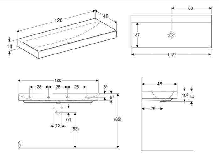 GEBERIT ONE umývadlo 120 cm, bez prepadu, KeraTect 505.021.01.5 Technický nákres