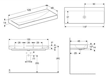 GEBERIT ONE umývadlo 120 cm, bez prepadu, KeraTect 505.021.01.5 Technický nákres