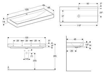 GEBERIT ONE umývadlo 120 cm, s otvorom pre batériu, bez prepadu, KeraTect 505.020.01.5 Technický nákres