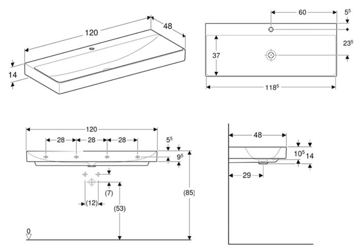 GEBERIT ONE umývadlo 120 cm, s otvorom pre batériu, bez prepadu, KeraTect 505.020.01.5 Technický nákres