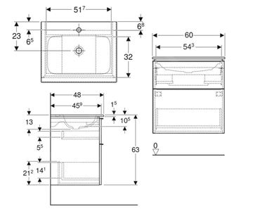GEBERIT ICON skrinka s umývadlom 60x48x63 cm, 2 zásuvky, KeraTect, matná biela 502.331.01.3 Technický nákres