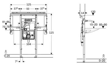 GEBERIT DUOFIX montážny rám pre umývadlo a batériu 125 cm, so sifónom Clou 111.074.00.1 Technický nákres