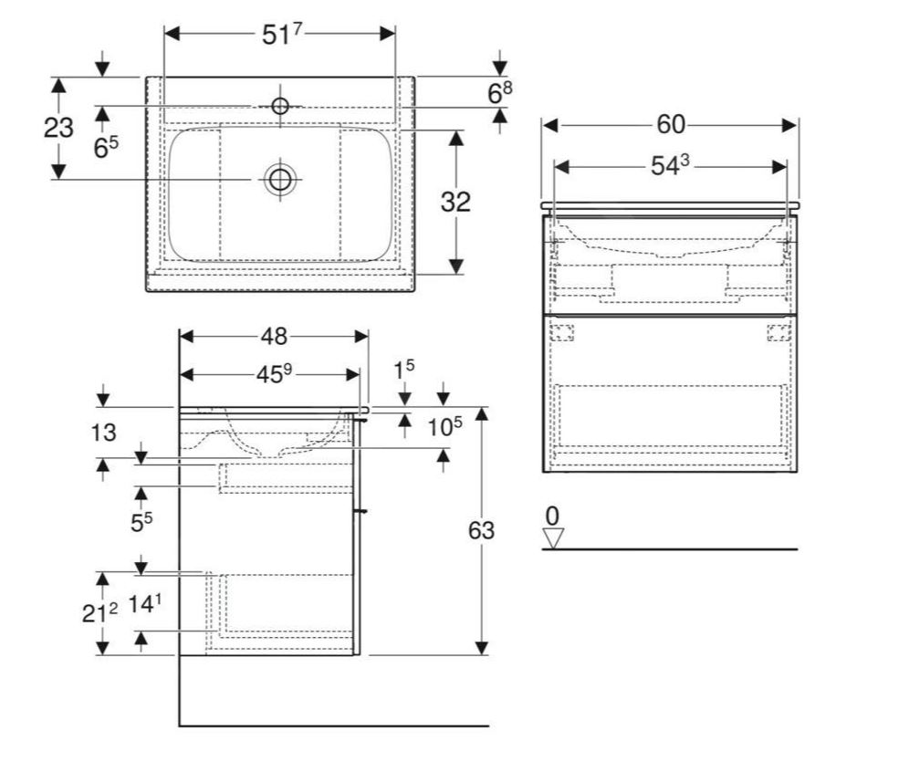 GEBERIT ICON skrinka s umývadlom 60x48x63 cm, 2 zásuvky, lesklá biela 502.335.01.1 Technický nákres