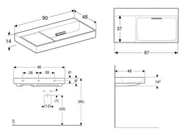 GEBERIT ONE umývadlo 90 cm, skrytý prepad, KeraTect 505.044.00.1 Technický nákres