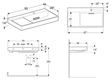 GEBERIT ONE umývadlo 90 cm, s otvorom pre batériu vpravo, skrytý prepad, KeraTect 505.043.00.1 Technický nákres