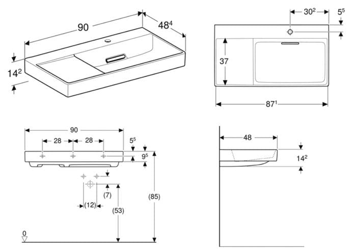 GEBERIT ONE umývadlo 90 cm, s otvorom pre batériu vpravo, skrytý prepad, KeraTect 505.043.00.1 Technický nákres
