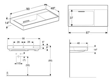 GEBERIT ONE umývadlo 90 cm, skrytý prepad, KeraTect 505.042.00.1 Technický nákres