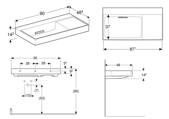 GEBERIT ONE umývadlo 90 cm, skrytý prepad, KeraTect 505.042.00.1 Technický nákres