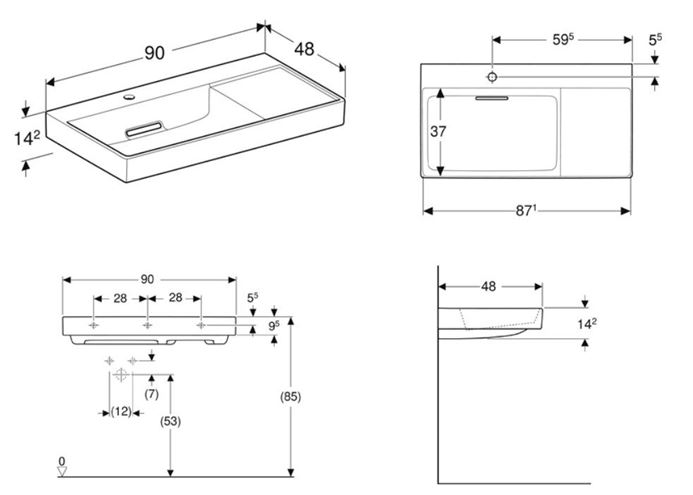 GEBERIT ONE umývadlo 90 cm, s otvorom pre batériu vľavo, skrytý prepad, KeraTect 505.039.00.1 Technický nákres