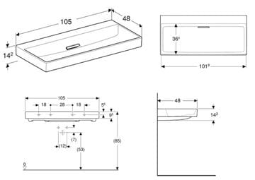 GEBERIT ONE umývadlo 105 cm, skrytý prepad, KeraTect 505.045.00.1 Technický nákres