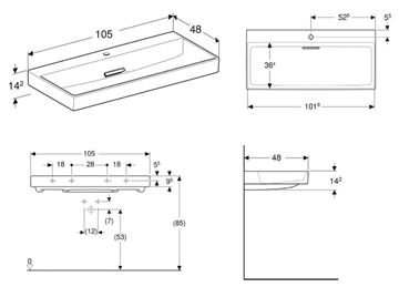 GEBERIT ONE umývadlo 105 cm, s otvorom pre batériu, skrytý prepad, KeraTect 505.046.00.1 Technický nákres