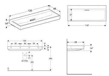 GEBERIT ONE umývadlo 120 cm, skrytý prepad, KeraTect 505.047.00.1 Technický nákres
