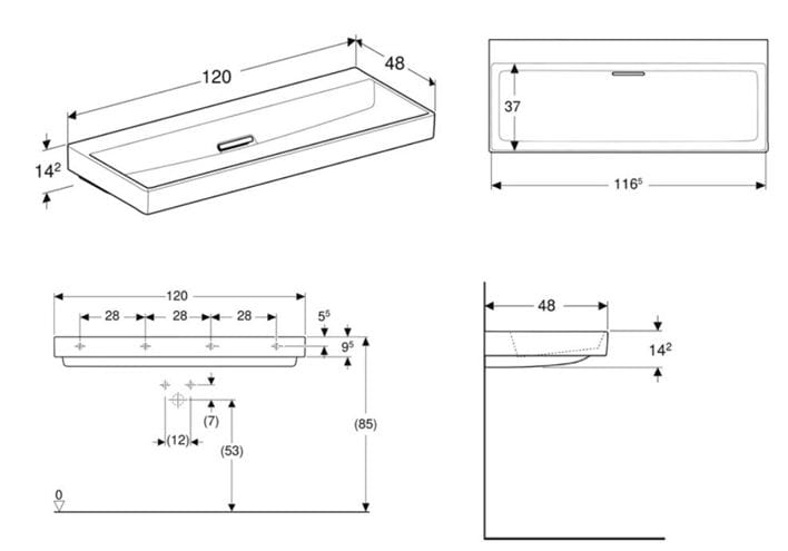 GEBERIT ONE umývadlo 120 cm, skrytý prepad, KeraTect 505.047.00.1 Technický nákres