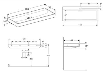 GEBERIT ONE umývadlo 120 cm, s otvorom pre batériu, skrytý prepad, KeraTect 505.048.00.1 Technický nákres
