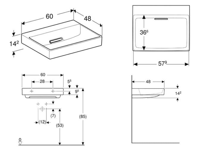 GEBERIT ONE umývadlo 60 cm, skrytý prepad, KeraTect 505.033.00.1 Technický nákres