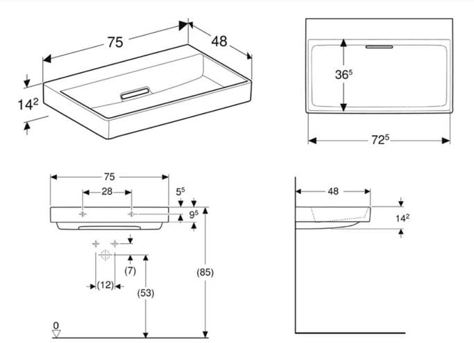 GEBERIT ONE umývadlo 75 cm, skrytý prepad, KeraTect 505.035.00.1 Technický nákres