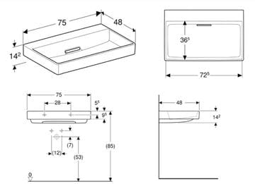 GEBERIT ONE umývadlo 75 cm, skrytý prepad, KeraTect 505.035.00.1 Technický nákres