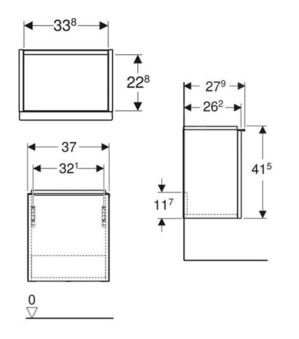 GEBERIT ICON skrinka pod umývadlo 37x27, 9x41, 5 cm, 1 dvierka, pánty vľavo, lesklá biela 502.301.01.1 Technický nákres