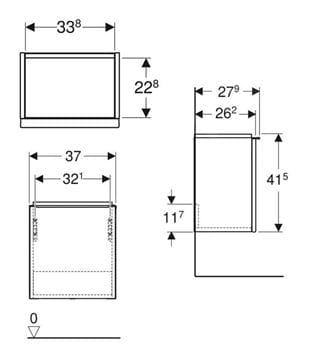 GEBERIT ICON skrinka pod umývadlo 37,0x27,9x41,5 cm, 1 dvierka, pánty vpravo, lesklá biela 502.300.01.1 Technický nákres