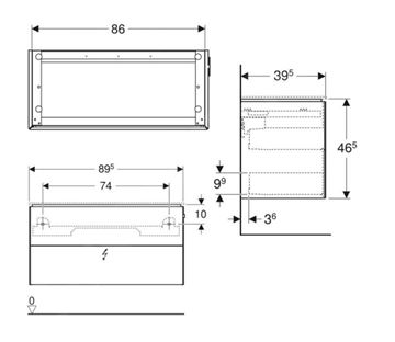 GEBERIT ONE skrinka pod umývadlo 89,5x39,5x46,5 cm, 2 zásuvky, Push-open, s osvetlením, lesklá biela 500.385.01.1 Technický nákres