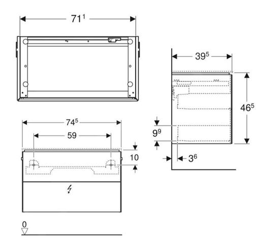 GEBERIT ONE skrinka pod umývadlo 74,5x39,5x46,5 cm, 2 zásuvky, Push-open, s osvetlením, lesklá biela 500.381.01.1 Technický nákres