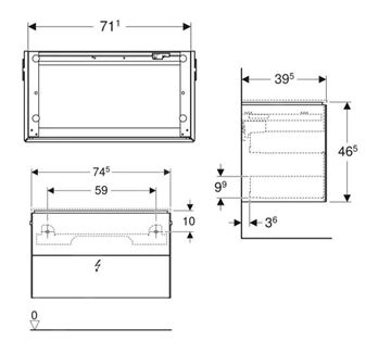 GEBERIT ONE skrinka pod umývadlo 74,5x39,5x46,5 cm, 2 zásuvky, Push-open, s osvetlením, lesklá biela 500.381.01.1 Technický nákres