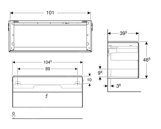 GEBERIT ONE skrinka pod umývadlo 104,5x39,5x46,5 cm, 2 zásuvky, Push-open, s osvetlením, lesklá biela 500.386.01.1 Technický nákres