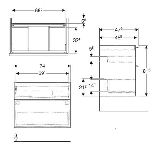 GEBERIT ICON skrinka pod umývadlo 74x47, 6x61, 5 cm, 2 zásuvky, lesklá biela 502.304.01.1 Technický nákres